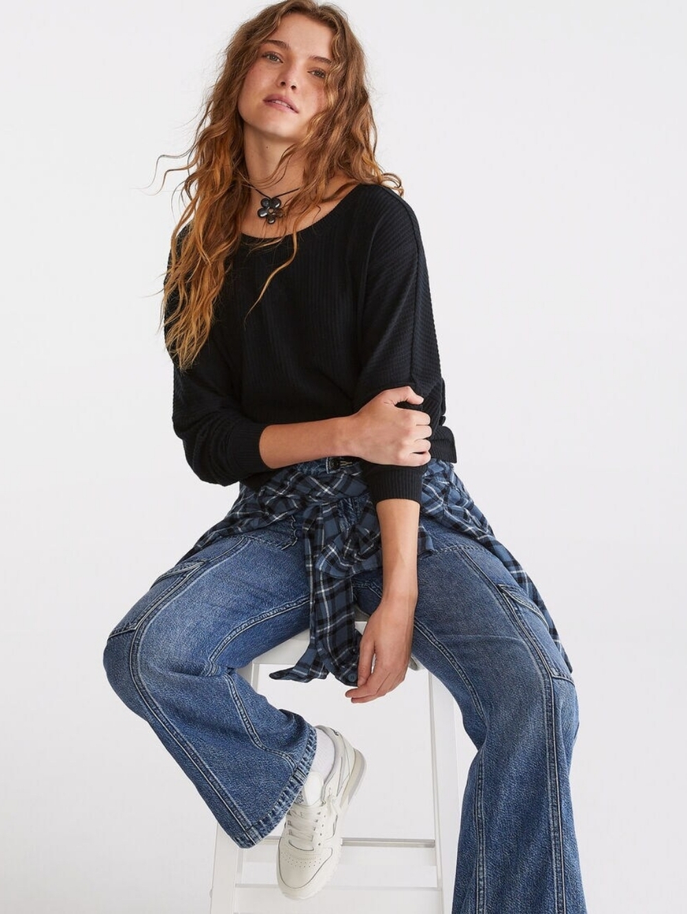 Aeropostale Black Waffle-knit Pullover Scoop-neck Off-the-Shoulder Basic Top XL